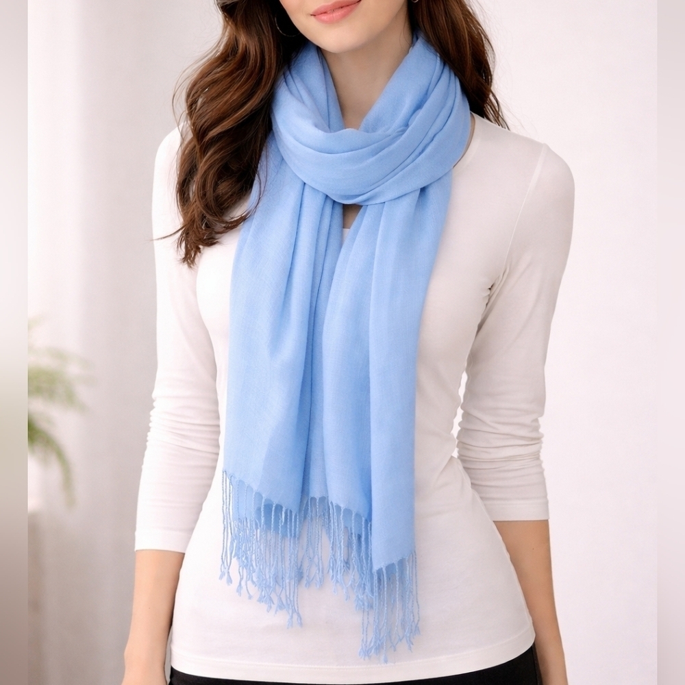 3/$30 PASHMINA Baby Blue Lightweight Fringe Scarf